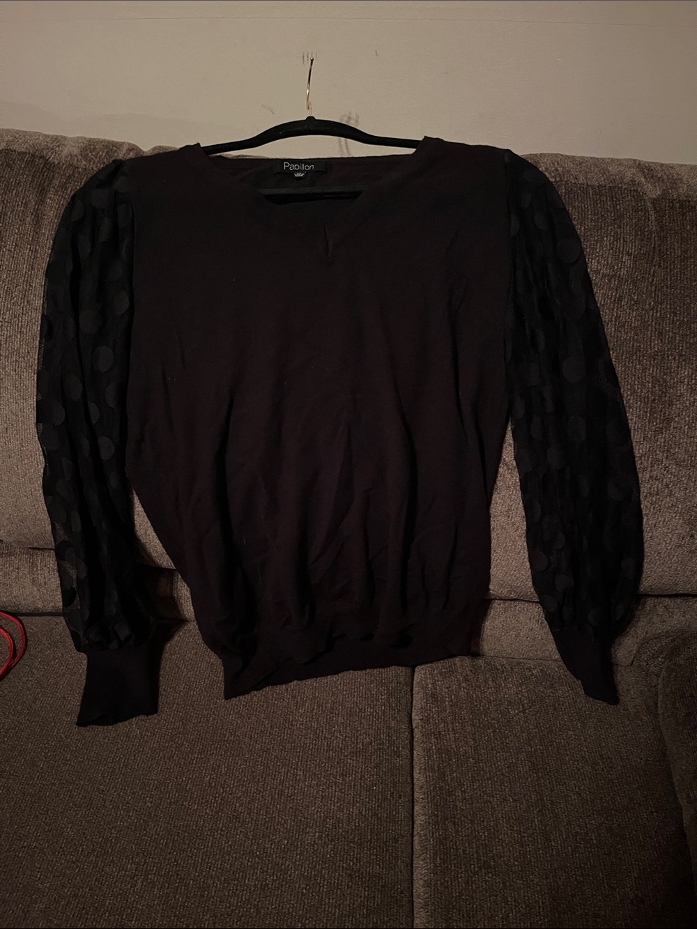 Papillon Blanc Black V-Neck Sweater with Sheer Polka-Dot Sleeves